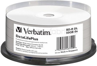 1x25 Verbatim BD-R Blu-Ray 50GB 6x Speed printable Cakebox