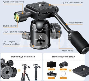 26mm Metal Tripod Ball Head with Handle 360 Degree Rotating Panoramic