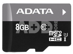 A-DATA 8GB Premier microSDHC UHS-I U1 Card (Class 10), Sequential reads are up to 50 MB/second, and write speeds reach the UHS-I speed class 1 specification, with 1 Adapter, retail