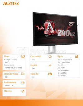 AOC AG251FZ 25“, 1920x1080, 16:9, 400 cd/m², 50M:1, 1ms, 170/160, HDMI, Displayport , USB fast charge, DVI, D-Sub, MHL