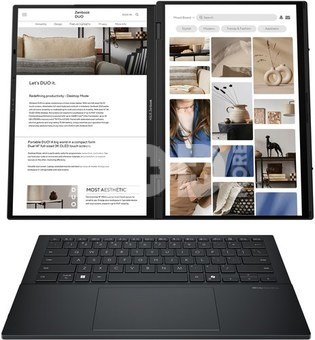Asus Zenbook Duo UX8406CA-PZ009W | Basalt Gray | 14 " | OLED | Touchscreen | 3K | 2880 x 1800 pixels | Glossy | Intel Core Ultra 9 | 285H | 32 GB | LPDDR5X | Solid-state drive capacity 2000 GB | Intel Arc Graphics | Windows 11 Home | 802.11be | Bluetooth version 5.4 | Keyboard language English