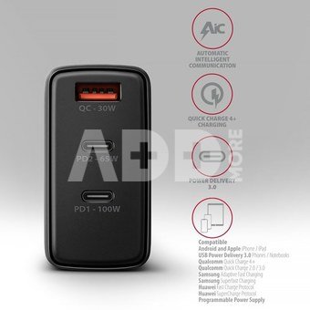 AXAGON ACU-DPQ100 GaN Wall charger 100W, 3x port (USB-A + dual USB-C), PD3.0/PPS/QC4+/Apple