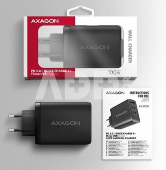 AXAGON ACU-DPQ100 GaN Wall charger 100W, 3x port (USB-A + dual USB-C), PD3.0/PPS/QC4+/Apple