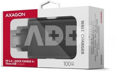 AXAGON ACU-DPQ100 GaN Wall charger 100W, 3x port (USB-A + dual USB-C), PD3.0/PPS/QC4+/Apple