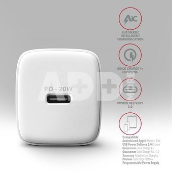 AXAGON ACU-PD20W Wall charger 20W, 1x port USB-C, PD3.0/PPS/QC4+/AFC/Apple, white