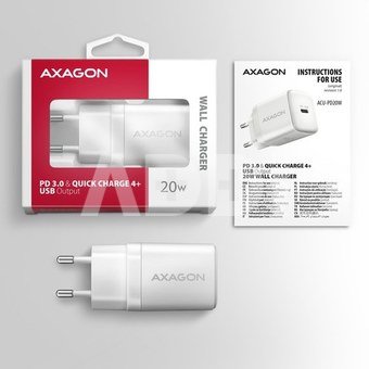 AXAGON ACU-PD20W Wall charger 20W, 1x port USB-C, PD3.0/PPS/QC4+/AFC/Apple, white