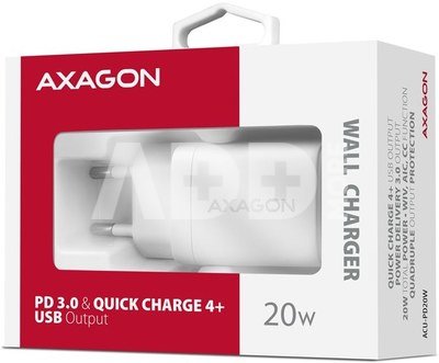 AXAGON ACU-PD20W Wall charger 20W, 1x port USB-C, PD3.0/PPS/QC4+/AFC/Apple, white