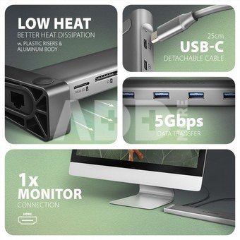 AXAGON HMC-10HLS USB hub 10in1 5Gbps,4xUSB,HDMI,LAN,SD