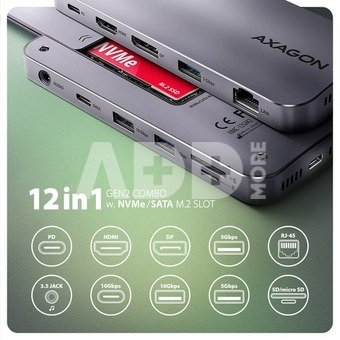 AXAGON HMC-12GM2 USB hub 12in1 10Gbps HDMI DP LAN M.2