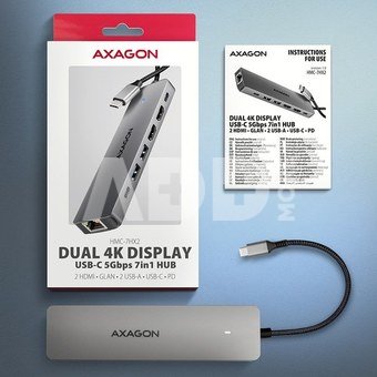AXAGON HMC-7HX2 USB hub 7in1 5Gbps 2xHDMI GLAN USB-C