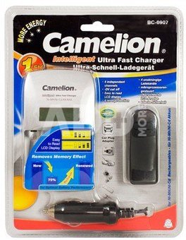 Camelion Ultra Fast Charger BC-0907 (without batteries), 60 Minutes Fast Charger + 12V Car Plug Adaptor for 1-4 Ni-MH/Ni-Cd AA/AAA/ Easy To Read LCD Display/4 Independent Charging Channels/6 Level Cha