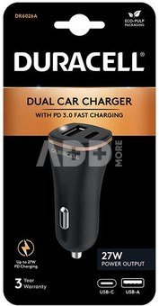 Car Charger USB, USB-C 27W Duracell (Black)