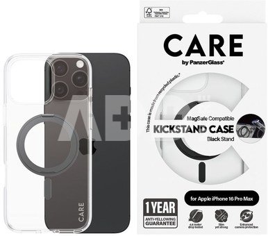 CARE by PanzerGlassFeature Case Transparent w. Black Kickstand & MagSafe iPhone 16 Pro Max | CARE
