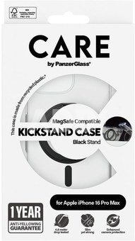 CARE by PanzerGlassFeature Case Transparent w. Black Kickstand & MagSafe iPhone 16 Pro Max | CARE