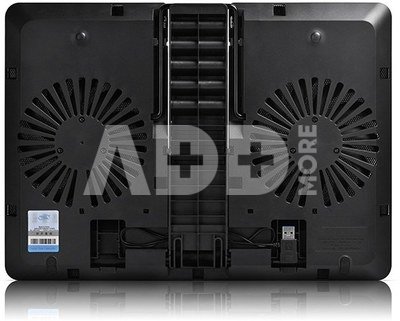 Deepcool ergonomic stand- cooler. black , USB 3.0 pass- truoght, it can be used as a notebook stand and/or cooling pad. The adjustable anti-skid holders are compatible ~15.6" laptops. The two 140mm silent fan and full range mesh surface with aerodynamic designed intake provide silent and efficient cooling.