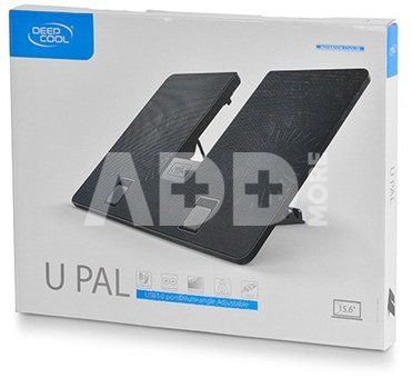 Deepcool ergonomic stand- cooler. black , USB 3.0 pass- truoght, it can be used as a notebook stand and/or cooling pad. The adjustable anti-skid holders are compatible ~15.6" laptops. The two 140mm silent fan and full range mesh surface with aerodynamic designed intake provide silent and efficient cooling.