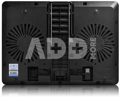 Deepcool ergonomic stand- cooler. black , USB 3.0 pass- truoght, it can be used as a notebook stand and/or cooling pad. The adjustable anti-skid holders are compatible ~15.6" laptops. The two 140mm silent fan and full range mesh surface with aerodynamic designed intake provide silent and efficient cooling.