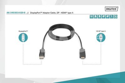 Digitus Adapter Cable Displayport 1.2 with interlock 4K 60Hz UHD Typ DP/HDMI A M/M black 2 m