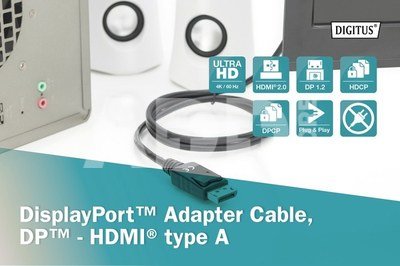 Digitus Adapter Cable Displayport 1.2 with interlock 4K 60Hz UHD Typ DP/HDMI A M/M black 2 m