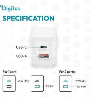 Digitus | USB GaN Charger 45W, 1x USB-C, 1x USB-A | DA-10302