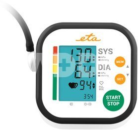 ETA | Upper Arm Blood Pressure Monitor | ETA229790000 | Memory function | Number of users 2 user(s) | 4 | Suitable for home use. Measurement of systolic and diastolic pressure, pulse. Oscillometric measurement method. Display of measured values ​​on LCD. Fully automatic filling and deflation of the cuff. Pressure measurement accuracy +/- 3 mmHg, pulse +/- 5%. Pressure measurement range 0 - 299 mmHg, pulse 40 - 199 per minute. Irregular heart rate detection. WHO blood pressure classification. | Upper Arm