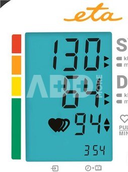 ETA | Upper Arm Blood Pressure Monitor | ETA229790000 | Memory function | Number of users 2 user(s) | 4 | Suitable for home use. Measurement of systolic and diastolic pressure, pulse. Oscillometric measurement method. Display of measured values ​​on LCD. Fully automatic filling and deflation of the cuff. Pressure measurement accuracy +/- 3 mmHg, pulse +/- 5%. Pressure measurement range 0 - 299 mmHg, pulse 40 - 199 per minute. Irregular heart rate detection. WHO blood pressure classification. | Upper Arm