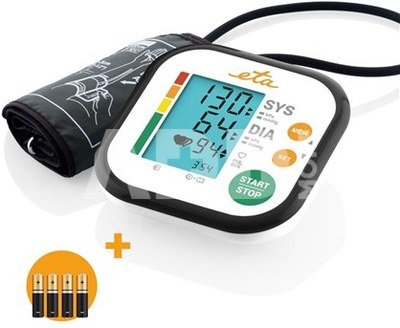 ETA | Upper Arm Blood Pressure Monitor | ETA229790000 | Memory function | Number of users 2 user(s) | 4 | Suitable for home use. Measurement of systolic and diastolic pressure, pulse. Oscillometric measurement method. Display of measured values ​​on LCD. Fully automatic filling and deflation of the cuff. Pressure measurement accuracy +/- 3 mmHg, pulse +/- 5%. Pressure measurement range 0 - 299 mmHg, pulse 40 - 199 per minute. Irregular heart rate detection. WHO blood pressure classification. | Upper Arm