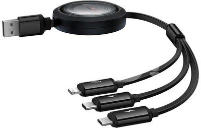 Fast Charging Cable 3in1 Baseus Free2Draw, USB to micro USB+USB-C+Lightning, 3.5A, 1.1m (black)