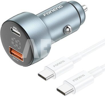 Foneng C18 1xUSB-A, 1xUSB-C 2.4A 48W car charger (grey) + USB-C to USB-C cable