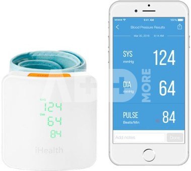 iHealth | Wrist Blood Pressure Monitor | BP7S | White | Blood pressure readings are stored on the secure, free, HIPAA compliant iHealth Cloud. Monitor blood pressure and pulse trends with intuitive charts and share data with your doctor in PDF or spreadsheet format right from your smartphone, tablet or computer. Wireless communication: Bluetooth V3.0+EDR Class 2 SPP. Measuring method: Oscillometric, automatic inflation and measurement. | Wireless | Weight 105 g
