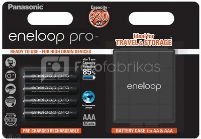Rechargeable batteries Panasonic ENELOOP Pro BK-4HCDEC4BE, 900 mAh, 500 (4xAAA) with case