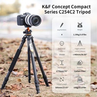 K&F Concept K&F 1.7m Carbon Fiber Travel Tripod Max Height,lightweight tripod 15kg Load for DSLR Cameras A254C4+BH-35L