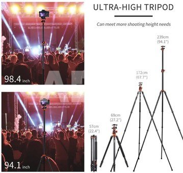 K&F Concept K&F 2.4m Overhead Camera Tripod Transverse Center Column 10kg Load with Detachable Monopod