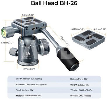 K&F Concept K&F 26mm Metal Tripod Ball Head with Handle 360 Degree Rotating Panoramic with 1/4 inch Quick Release