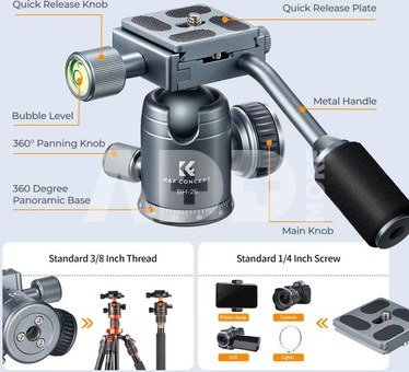 K&F Concept K&F 26mm Metal Tripod Ball Head with Handle 360 Degree Rotating Panoramic with 1/4 inch Quick Release