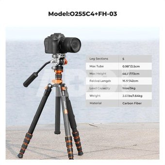 K&F Concept K&F Carbon Fiber Lightweight Camera Tripod with Hydraulic Video Tripod Head O255C4+FH-03