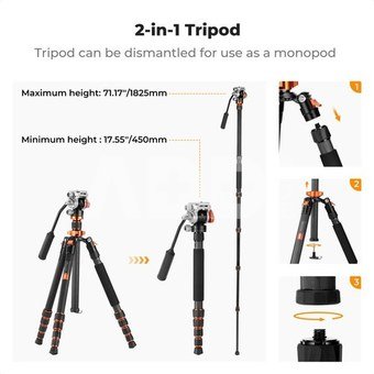 K&F Concept K&F Carbon Fiber Lightweight Camera Tripod with Hydraulic Video Tripod Head O255C4+FH-03