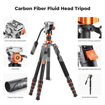 K&F Concept K&F Carbon Fiber Lightweight Camera Tripod with Hydraulic Video Tripod Head O255C4+FH-03