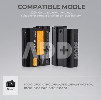 K&F Concept K&F EN-EL15 2000mAh Digital Camera Dual Battery with Dual Channel Charger, for Nikon Camera Charger