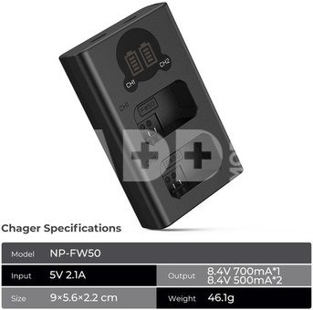 K&F Concept K&F NP-FW50 Digital Camera Dual LED Display Screen charger; Supports Micro USB and Type-C charging