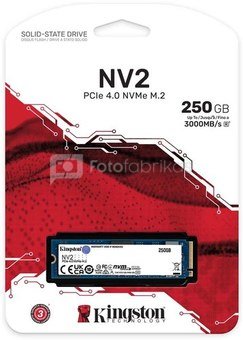 Kingston SSD NV2 250 GB, SSD form factor M.2 2280, SSD interface PCIe 4.0 x4 NVMe, Write speed 1300 MB/s, Read speed 3000 MB/s