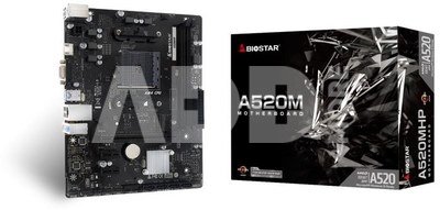 Mainboard|BIOSTAR|AMD A520|SAM4|Micro-ATX|Memory DDR4|Memory slots 2|2xPCI-Express 3.0 1x|1xPCI-Express 3.0 16x|1xM.2|1x15pin D-sub|1xHDMI|4xUSB 2.0|2xUSB 3.2|1xPS/2|1xRJ45|3xAudio port|A520MHP