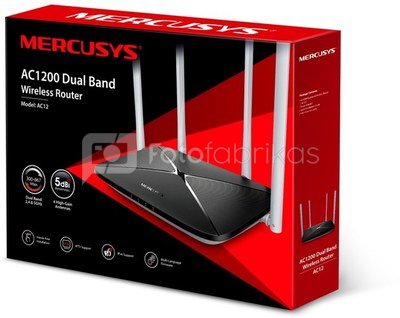 Mercusys AC1200 Dual Band Wireless Router AC12 802.11ac, 300+867 Mbit/s, 10/100 Mbit/s, Ethernet LAN (RJ-45) ports 3, Antenna type 4xFixed, Black