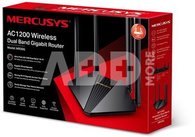 Mercusys AC1200 Wireless Dual Band Gigabit Router MR30G 802.11ac, 867+300 Mbit/s, Ethernet LAN (RJ-45) ports 2&times; Gigabit LAN Ports, Antenna type 4&times; 5 dBi Fixed Omni-Directional Antennas, Black