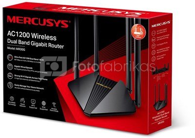 Mercusys AC1200 Wireless Dual Band Gigabit Router MR30G 802.11ac, 867+300 Mbit/s, Ethernet LAN (RJ-45) ports 2× Gigabit LAN Ports, Antenna type 4× 5 dBi Fixed Omni-Directional Antennas, Black