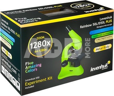 Mикроскоп Levenhuk Rainbow 50L PLUS Lime 64x-1280x с экспериментальным комплектом К50