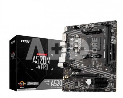MSI A520M-A PRO Processor family AMD, Processor socket AM4, DDR4, Memory slots 2, Chipset AMD A, Micro ATX