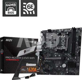 MSI PRO A620AM-G EVO WIFI | Processor family AMD | Processor socket AM5 | DDR5 | Number of SATA connectors 4 | Supported hard disk drive interfaces SATA, M.2