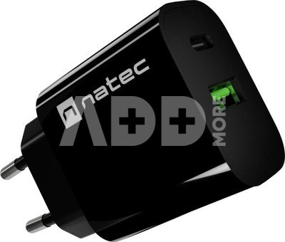 Natec Ribera USB Charger 1X USB-A + 1X USB-C 20W, Black