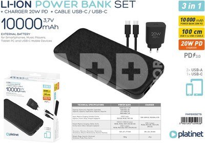 Platinet power bank + USB charger 10000mAh Kit PMPB10SETB, black